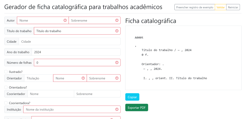 Captura de tela da ferramenta Gerador de Ficha Catalográfica